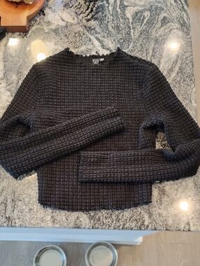 Black Textured Waffle Knit Long Sleeve Top